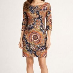 Jude Connally Paisley Sheath Dress XS 3/4 Sleeve Jude Cloth